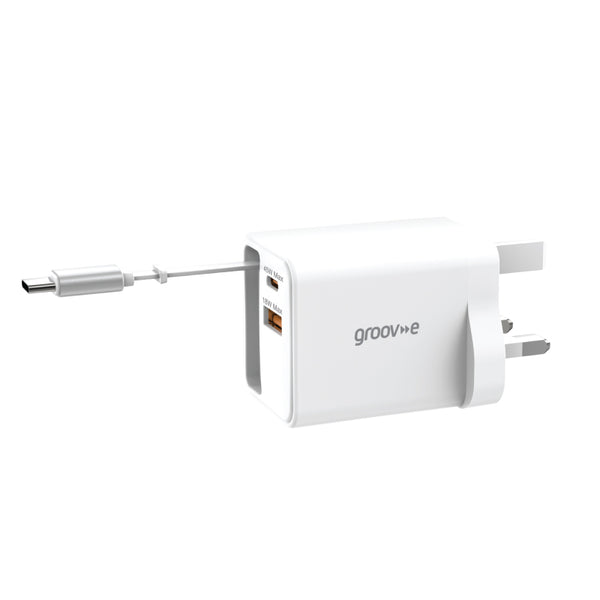 Groov-e USB-C & USB-A 45W GaN Wall Charger with Rectractable USB-C Cable- White - GVMA114WE