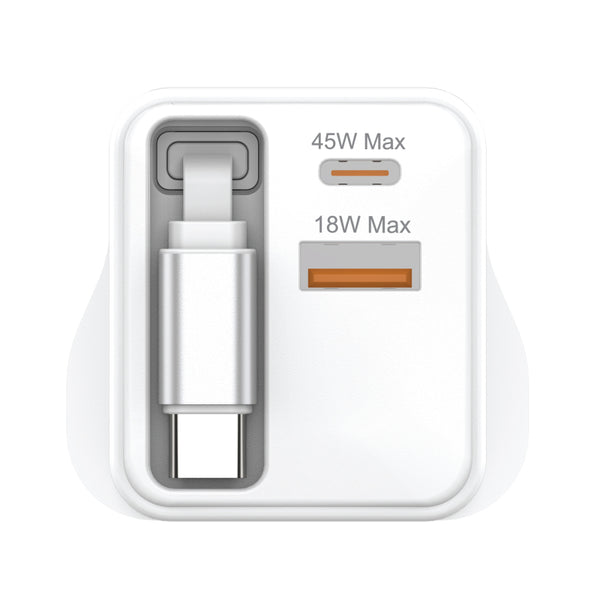 Groov-e USB-C & USB-A 45W GaN Wall Charger with Rectractable USB-C Cable- White - GVMA114WE