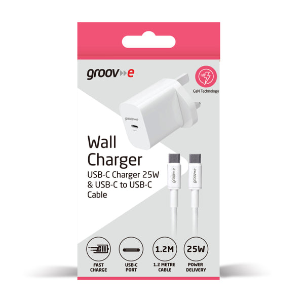 Groov-e USB-C Wall Charger 25W with USB-C to USB-C Cable - White - GVMA112WE