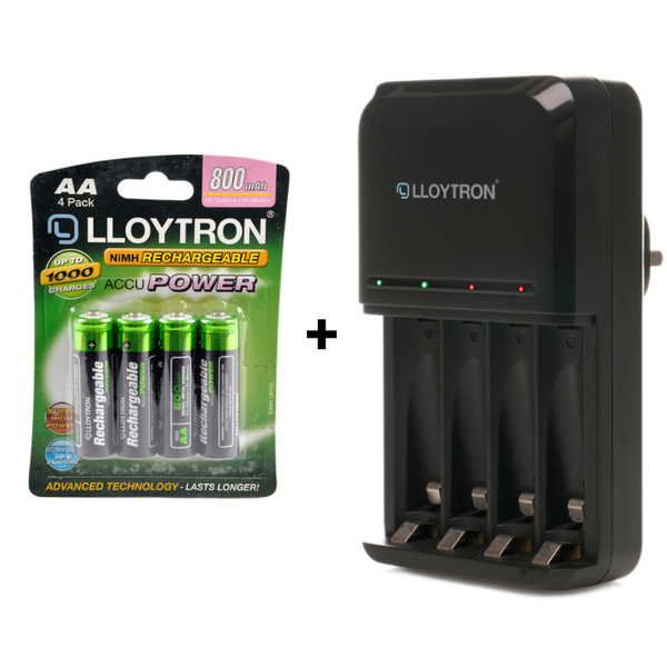 Lloytron 2-Piece Rechargeable Battery Bundle | Includes 4x AA + Mains Battery Charger - B011 / B1502