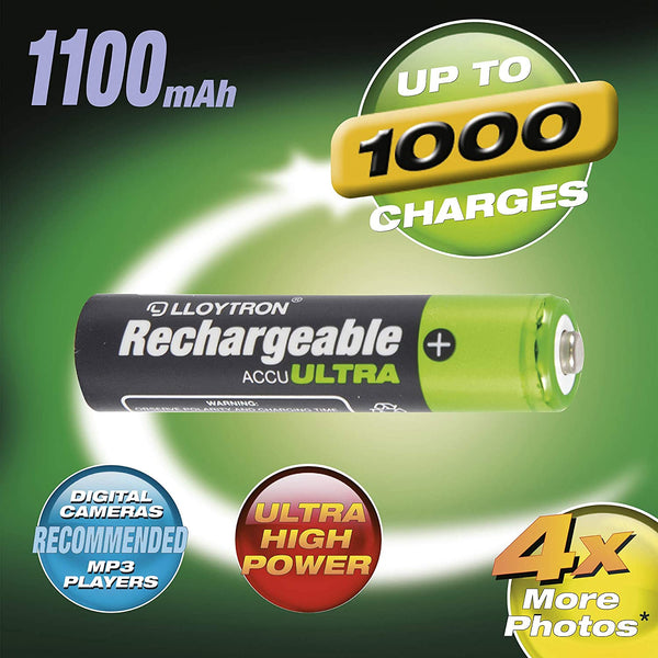 Lloytron Rechargeable AA & AAA Ni-Mh Batteries Accuultra | Various mAh - 4 Packs