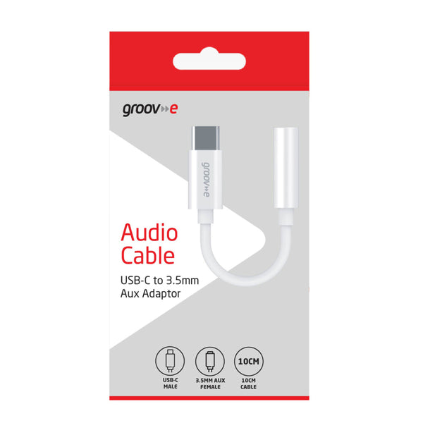 Groov-e Audio Adapter USB-C to 3.5mm Female AUX Adapter 10cm - White - GVMA082WE