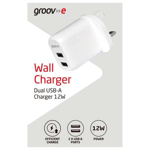 Groov-e Dual USB-A Mains Charger 12W - White - GVMA103WE