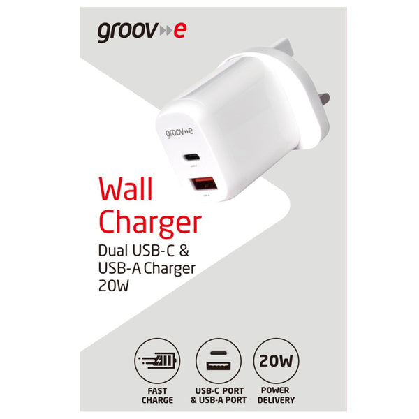 Groov-e Dual USB-C & USB-A Mains Charger 20W Power Delivery - White - GVMA105WE