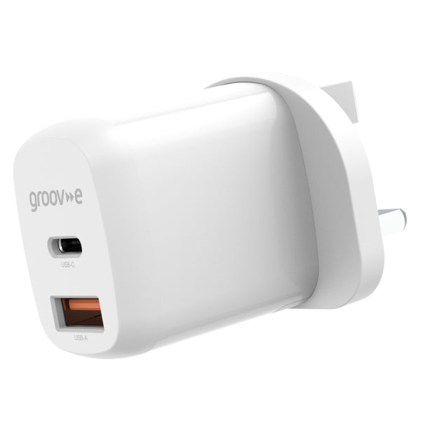 Groov-e Dual USB-C & USB-A Mains Charger 20W Power Delivery - White - GVMA105WE