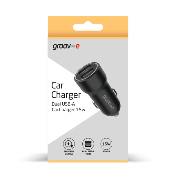 Groov-e Dual USB-A Car Charger 15W - Black - GVMA121BK