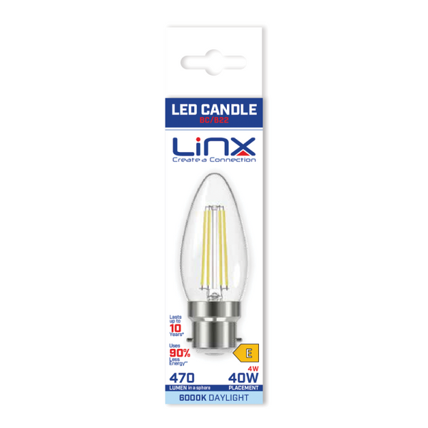 Linx C37 Candle Clear B22 / E14 4W LED Filament Bulb - LX00