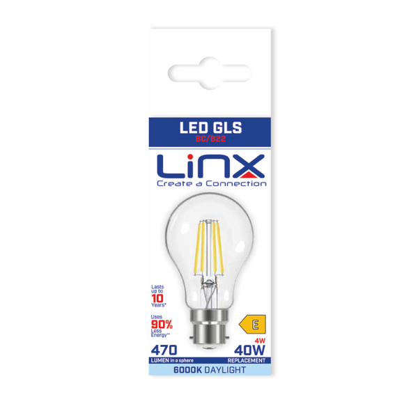 Linx A60 Reflector Clear B22 4W / 6.5W / 8.5W LED Filament Bulb White Daylight / Warm White - LX00