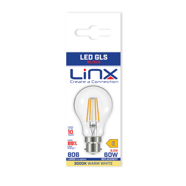 Linx A60 Reflector Clear B22 4W / 6.5W / 8.5W LED Filament Bulb White Daylight / Warm White - LX00