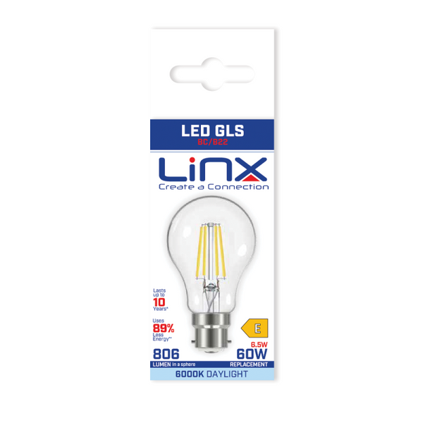 Linx A60 Reflector Clear B22 4W / 6.5W / 8.5W LED Filament Bulb White Daylight / Warm White - LX00