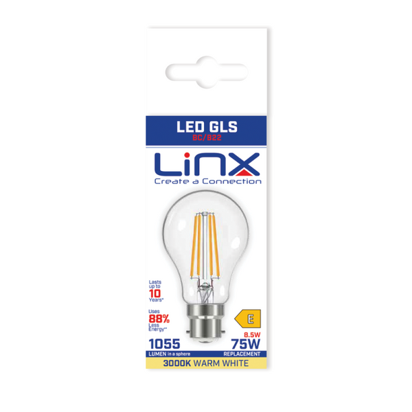 Linx A60 Reflector Clear B22 4W / 6.5W / 8.5W LED Filament Bulb White Daylight / Warm White - LX00