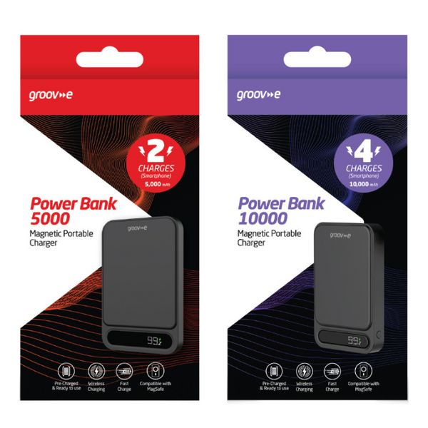 Groov-e Power Bank 5,000/10,000mAh Portable Magnetic Wireless Charger - Black - GVCH