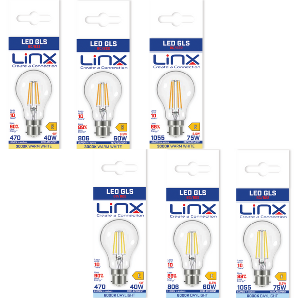 Linx A60 Reflector Clear B22 4W / 6.5W / 8.5W LED Filament Bulb White Daylight / Warm White - LX00