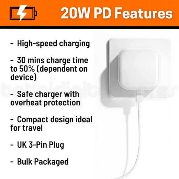 USB-C 20W PD Fast Charging Plug Adapter with USB-C Port - White - AZ023 (Bulk Packaged)