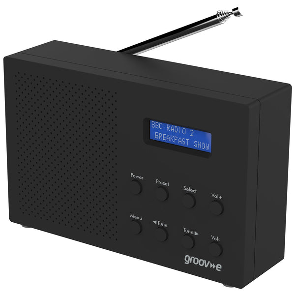 Groov-e Paris Portable DAB/FB Digital Radio with 20 Preset Stations, LCD Display, Dual Alarm & Headphone Input - Black - GVDR03BK