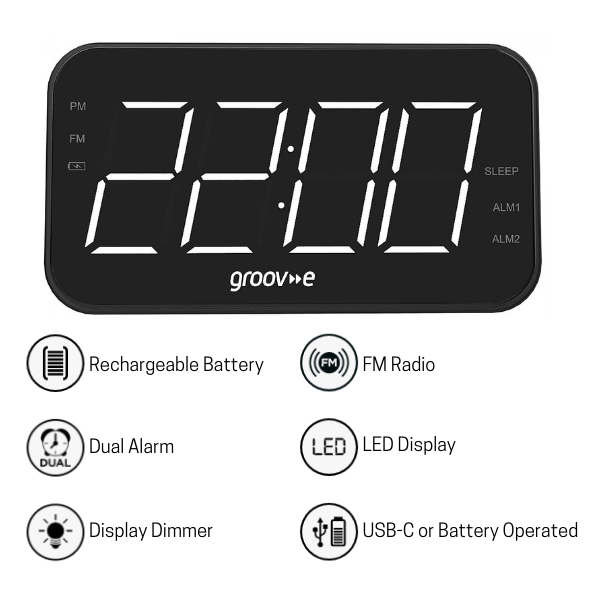 Groov-e Radio Curve Rechargeable Alarm Clock Radio | LED Display - Black - GVCR02BK