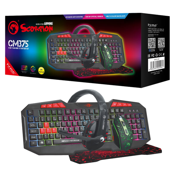 Marvo Scorpion 4 in 1 Gaming Starter Kit includes Headphones, Keyboard, Mouse & Mouse Mat - CM375