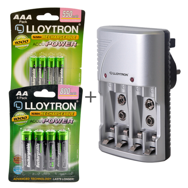 Lloytron 3-Piece Rechargeable Battery Bundle | Includes 4x AA, 4x AAA + Mains Battery Charger - B011 / B014 / B1502