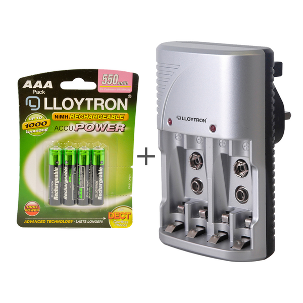 Lloytron 2-Piece Rechargeable Battery Bungle | Includes 4x AAA + Mains Battery Charger - B014 / B1502