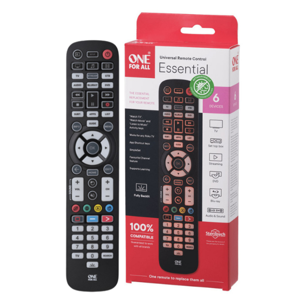 One for All Essential 6-Way Anti Microbial Universal Remote Control - Black - URC3661