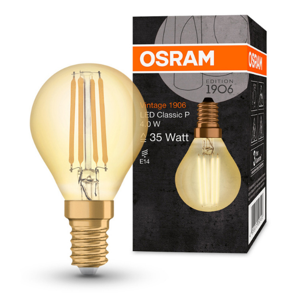 Osram 1906 LED E14 Vintage Filament Glass SES Light Bulb | Mini Globe 25W - Gold - LV293496