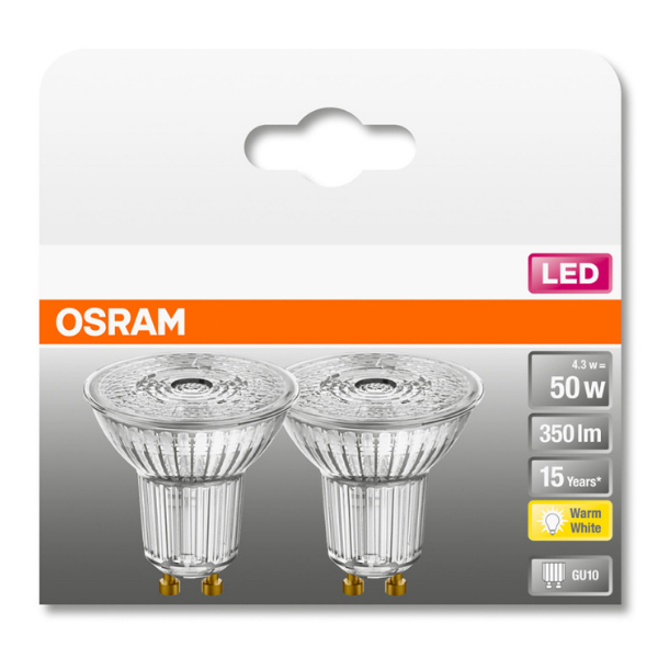 Osram LED GU10 Full Glass Spot Lamp Light Bulb 50W (2 Pack) - Warm White - LV260252