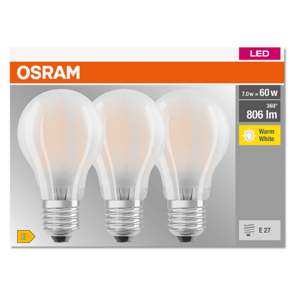 Osram LED E27 Frosted Filament GLS ES Light Bulb Arbitrary 60W (3 Pack) - Warm White - LV819351