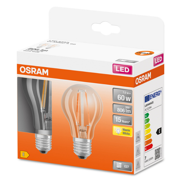 Osram LED E27 Filament Glass GLS ES Light Bulb Clear 60W (2 Pack) - Warm White - LV330191