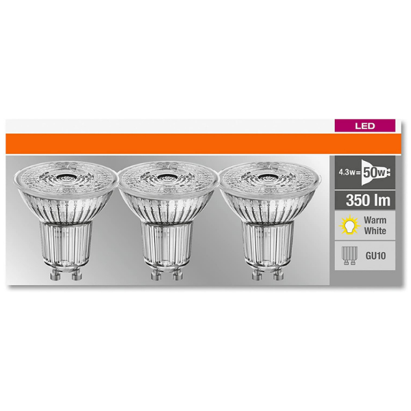 Osram LED GU10 Full Glass Spot Light Bulb 50W (3 Pack) - Warm White - LV818392