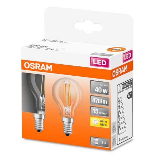 Osram LED E14 Filament Glass SES Light Bulb Clear 40W (2 Pack) - Warm White - LV434288