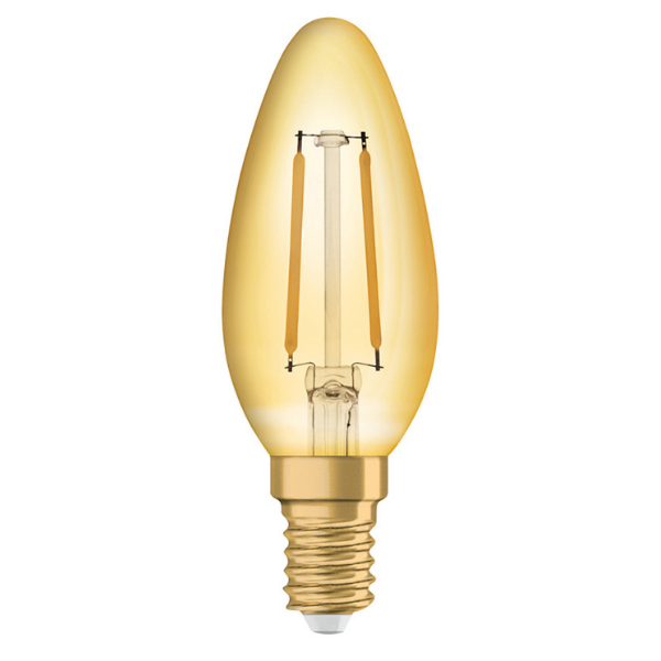 Osram 1906 LED E14 Vintage Filament Glass Candle Light Bulb | 12W, 22W or 35W - Gold