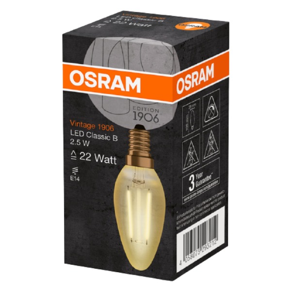 Osram 1906 LED E14 Vintage Filament Glass Candle Light Bulb | 12W, 22W or 35W - Gold