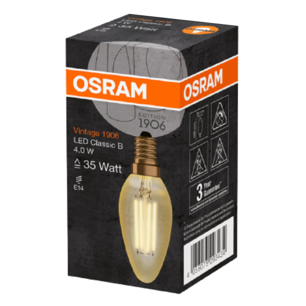 Osram 1906 LED E14 Vintage Filament Glass Candle Light Bulb | 12W, 22W or 35W - Gold