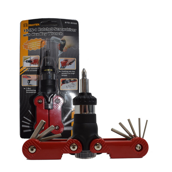 Sprotek 15-in-1 Ratchet Screwdriver Set | Hex | Philips and Torx Bits - Red - STD-6528