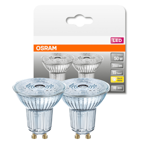 Osram LED GU10 Full Glass Spot Lamp Light Bulb 50W (2 Pack) - Warm White - LV260252